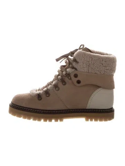 Pre-owned See By Chloé Suede Fur Trim Hiking Boots In Neutrals