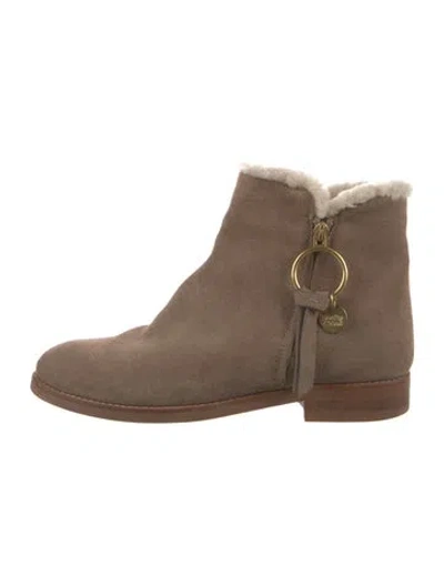 Pre-owned See By Chloé Suede Fur Trim Moto Boots In Neutral