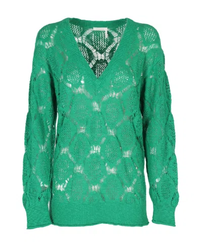 See By Chloé V-neck Long-sleeved Sweater In Green