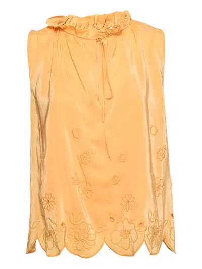 Pre-owned See By Chloé Vintage Floral-embroidered Cotton Blouse In Yellow