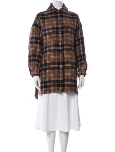 Pre-owned See By Chloé Wool Plaid Print Coat In Brown