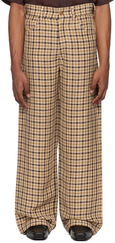 Séfr Beige & Brown Jiro Trousers In Loire Linen Check