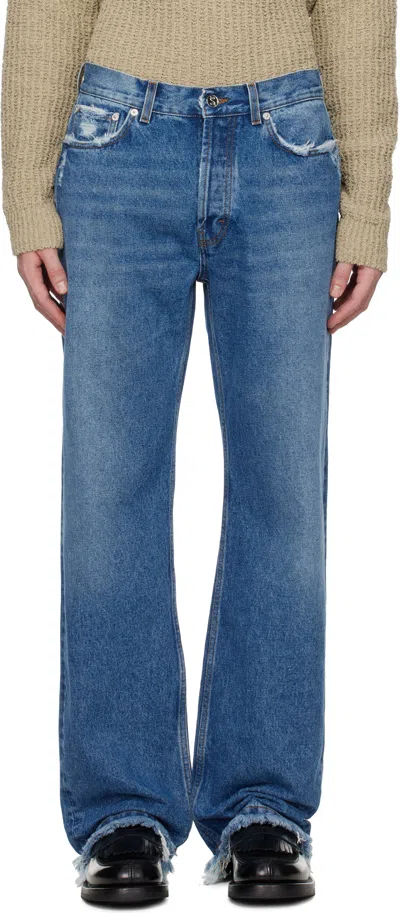Séfr Blue Frayed Cut Jeans In Dark River Blue