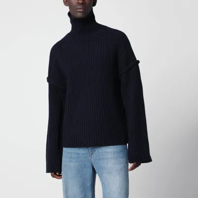 Séfr Dark Navy Blue Ribbed Wool Turtleneck Sweater