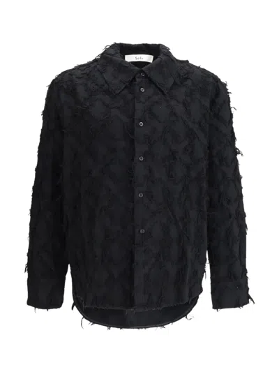 Séfr Sefr Fringed Detail Button-up Shirt With Long Sleeves And Curved Hem In Black