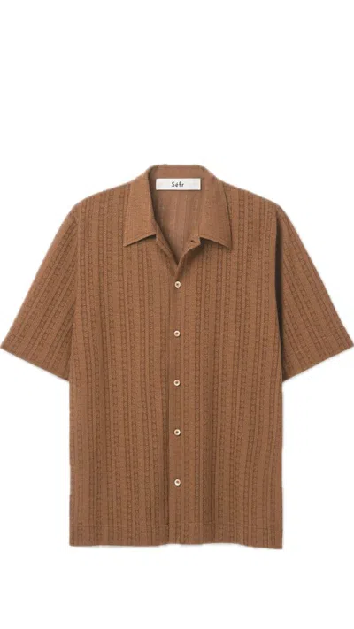 Séfr Suneham Camp-collar Pointelle-knit Organic Cotton-blend Shirt In Brown