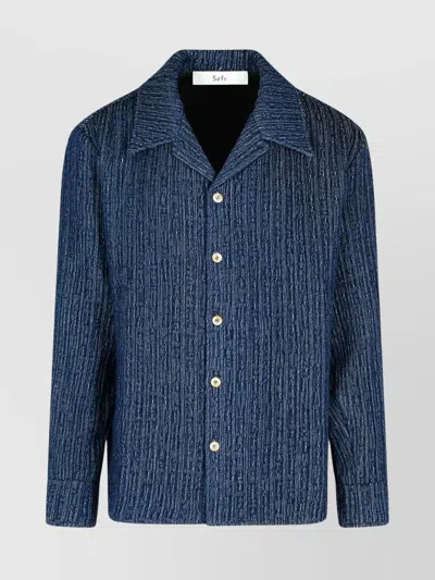 Séfr Textured Cotton Shirt Cuffed Long Sleeves In Blue