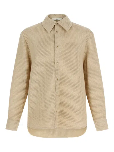 Séfr Sefr Waffle Knit Pointed Collar Button Closure Long Cuffed Sleeves Shirt In Neutral