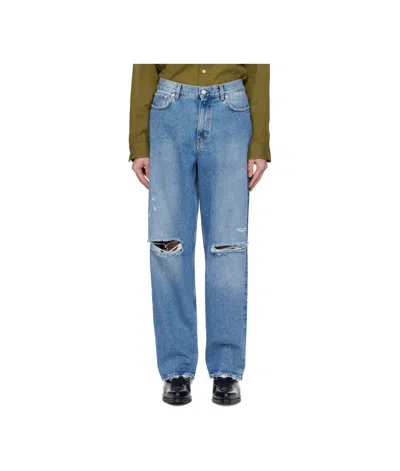 Séfr Blue Wide Cut Jeans In Trashed Denim