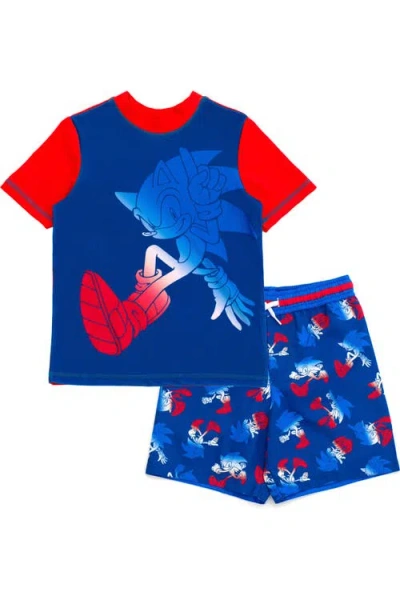 Sega Kids'  Sonic The Hedgehog 2-piece Swimwear Rash Guard And Swim Trunks Set In Blue
