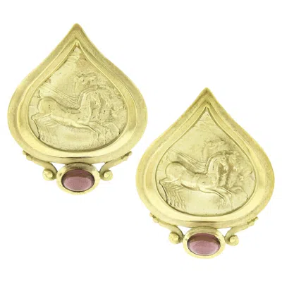 Pre-owned Seidengang 18k Gold Cabochon Bezel Pink Tourmaline Horse Scene Athena Earrings