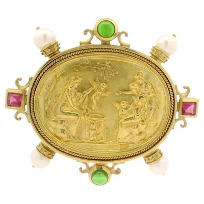 Pre-owned Seidengang Solid Yellow Gold Pearl Detailed Cameo Gold Scene Brooch Pendant