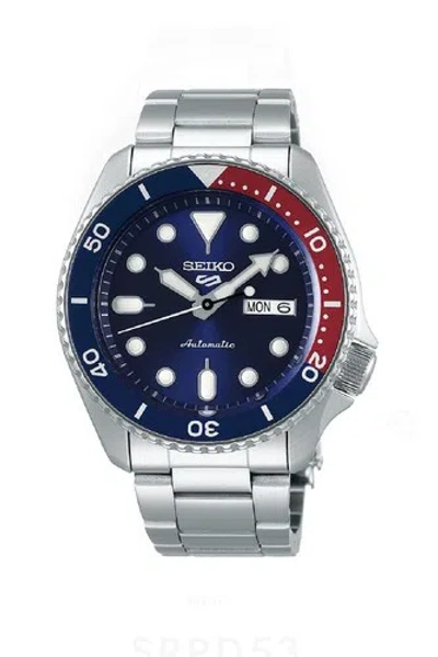 Pre-owned Seiko 5 Automatic Blue Dial Pepsi Bezel Steel Bracelet Men's Watch Srpd53
