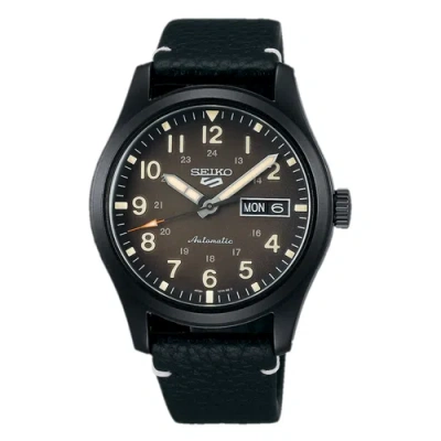 Pre-owned Seiko 5 Automatic Mechanical Watch Full Black With Leather Strap Srpg41k1 Usus