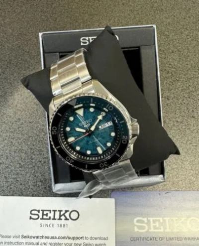 Pre-owned Seiko 5 Automatic Teal Transparent Dial Steel Bracelet Men's Watch Srpj45 Japan