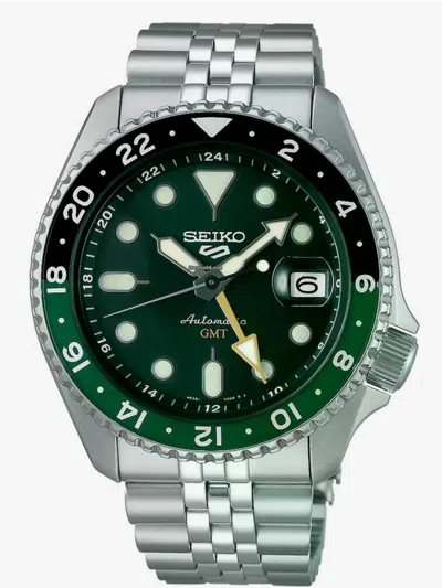 Pre-owned Seiko 5 Green Sports Gmt Steel Bracelet Men's Watch Ssk035