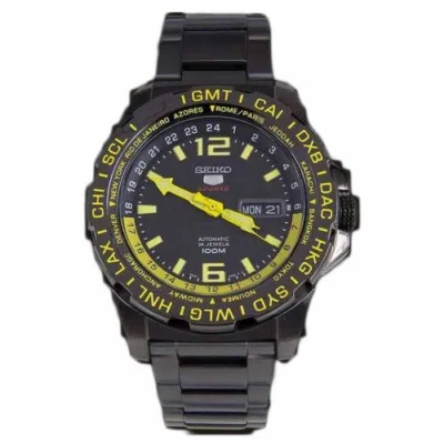 Pre-owned Seiko 5 Sport Srp689k1 Gmt Black Yellow Steel World Time Sports Automatic Black