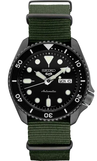 Pre-owned Seiko 5 Sports 24-jewel 42.5mm Automatic Watch - Black Dial - Green Nylon Strap