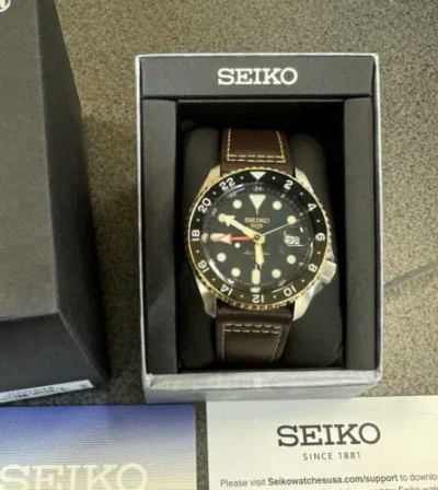Pre-owned Seiko 5 Sports Automatic Gmt Leather Band Black Dial Watch Ssk036 Japan Made