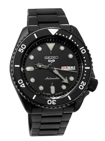 Pre-owned Seiko 5 Sports Automatic Srpd65 Black Day Date Stainless Steel Bracelet Watch