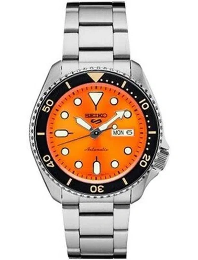 Pre-owned Seiko 5 Sports Men's 42.5mm Orange Dial Analog Silver Tone Wrist Watch Srpd59
