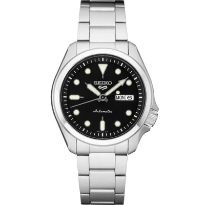 Pre-owned Seiko 5 Sports Men's Silver-tone Stainless Steel Black Dial Round Watch Srpe55