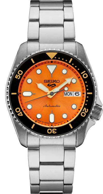 Pre-owned Seiko 5 Sports Orange Dial Stainless Steel Bracelet Men's Watch Srpk35