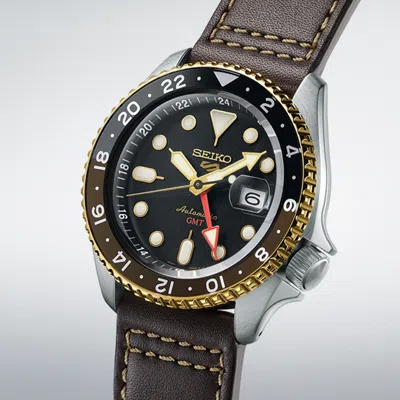 Pre-owned Seiko 5 Sports Sbsc020 Skx Series Gmt Automatic Watch Brown Leather Band 42.5mm