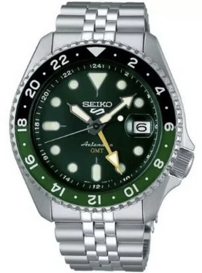 Pre-owned Seiko 5 Sports Skx Gmt Bi-colour Green Stainless Steel Men's Watch Ssk035k1