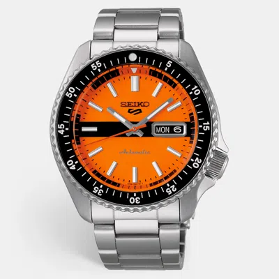 Pre-owned Seiko 5 Sports Skx Series Srpk11k1 Orange Dial Stainless Steel Men's Wristwatch 42.50 Mm In Silver