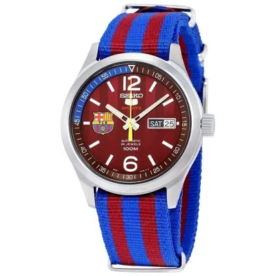 Pre-owned Seiko 5 Sports Srp305k1 Fcb Barcelona Day Date Nylon Automatic Watch 24 Red Blue
