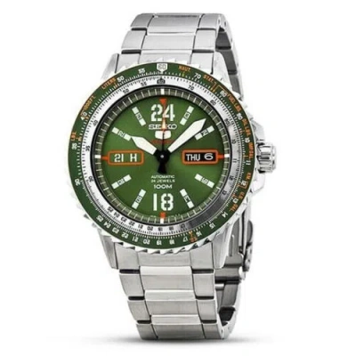 Pre-owned Seiko 5 Sports Srp349k1 Automatic Watch Green Army Dial Stainless Steel Day Date
