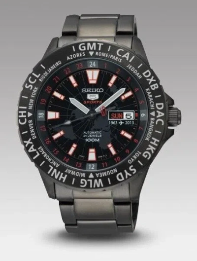 Pre-owned Seiko 5 Sports Srp437 Automatic Watch 50th Annv World Time Ip Coated Steel Black