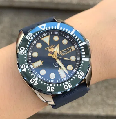 Pre-owned Seiko 5 Sports Srp605k2 Automatic Blue Bezel Rubber Strap Watch For Men