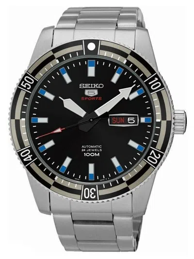Pre-owned Seiko 5 Sports Srp733 Automatic Watch Black Blue Stainless Steel Day Date 4r36