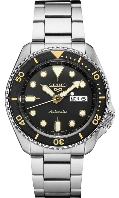 Pre-owned Seiko 5 Sports Srpd57 Men's Stainless Steel Black Dial Day Date Automatic Watch
