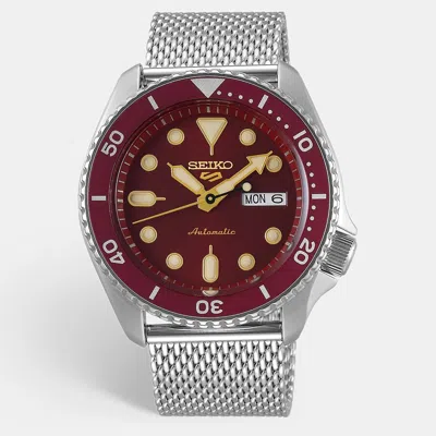 Pre-owned Seiko 5 Sports Srpd69k1 Burgundy Dial Stainless Steel Men's Wristwatch 42.5 Mm