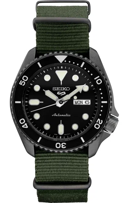 Pre-owned Seiko 5 Sports Srpd91 Day/date Automatic Watch Black Dial Od-green Band