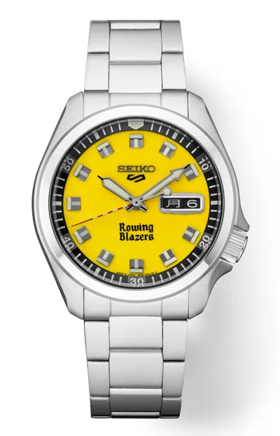 Pre-owned Seiko 5 Sports Srpj69 Rowing Blazers Yellow Dial Steel 40 Mm Limited Men's Watch