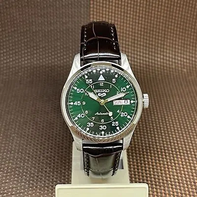 Pre-owned Seiko 5 Sports Srpj89k1 Automatic Green Dial Brown Leather Men's Dress Watch