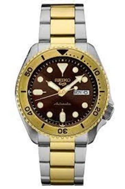 Pre-owned Seiko 5 Sports Srpk24 Two Tone Brown Dial Stainless Steel Men's Wrist Watch