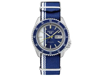 Pre-owned Seiko 5 Sports Srpk69 42mm Blue White Dial Nylon Nato Strap Automatic Men Watch