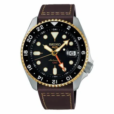 Seiko 5 Sports Ssk036k1 Automatic Gmt Men's Watch - Black Dial, Brown Leather Strap