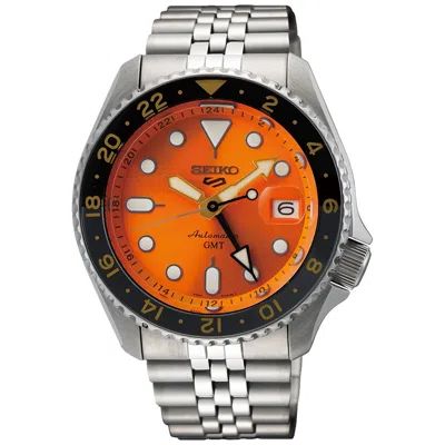 Pre-owned Seiko 5 Sports Stainless Steel 42.5 Mm Gmt Automatic Orange Dial Watch Ssk005k1