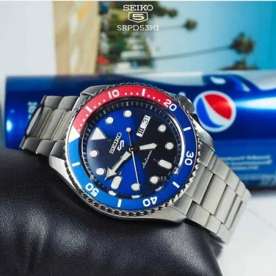 Pre-owned Seiko 5 Sports Watch Srpd53k1 Blue X Red Pepsi (fedex 2 Day)