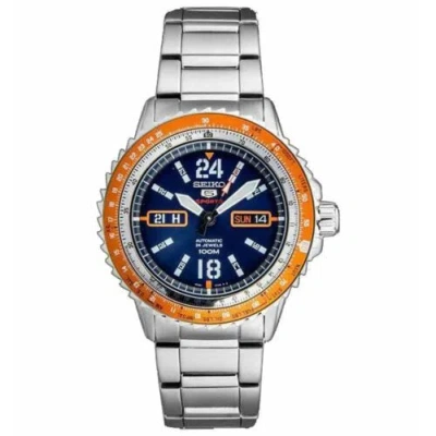 Pre-owned Seiko 5 Srp351k1 Sports Aviator Automatic 24 Jewels Silver Orange Blue Day Date