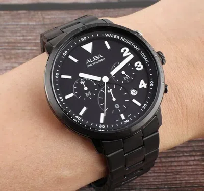 Pre-owned Seiko Alba At3f43x Black Stainless Steel Quartz 100m Wr Mens Chronograph Watch