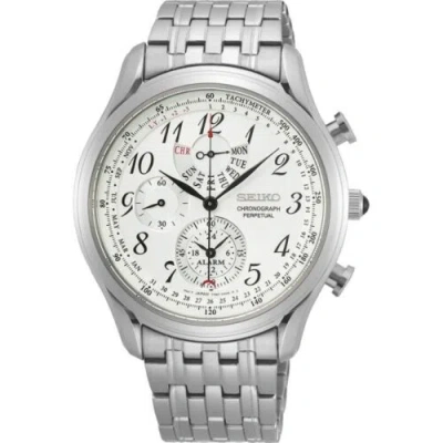Pre-owned Seiko Chronograph Perpetual Spc251p1 Quartz Watch White Tachymeter Alarm Steel