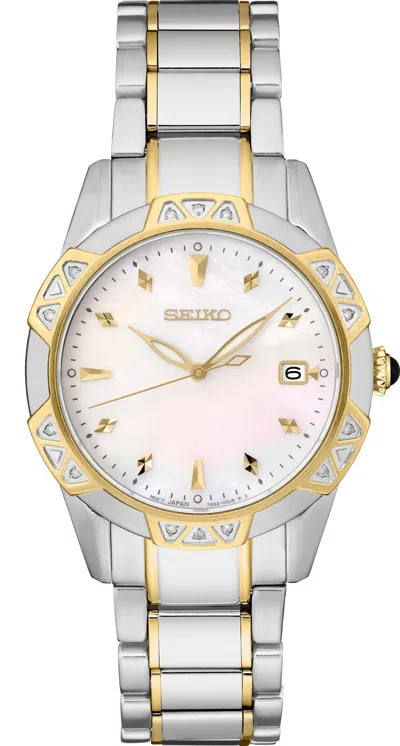Pre-owned Seiko Diamond Collection Skk728 33mm Two-tone Women's Watch-mother Of Pearl Dial