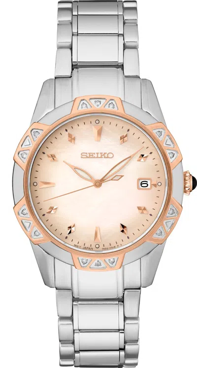 Pre-owned Seiko Diamond Collection Skk730 33mm Two-tone Women's Watch-mother Of Pearl Dial